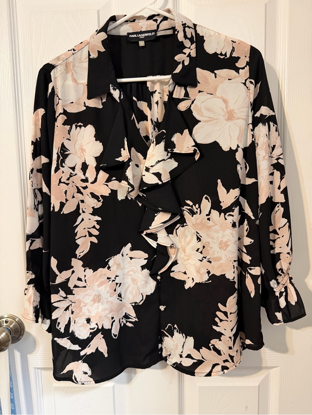Karl Lagerfeld Black Blouse with Light Pink and Cream Floral Ruffles